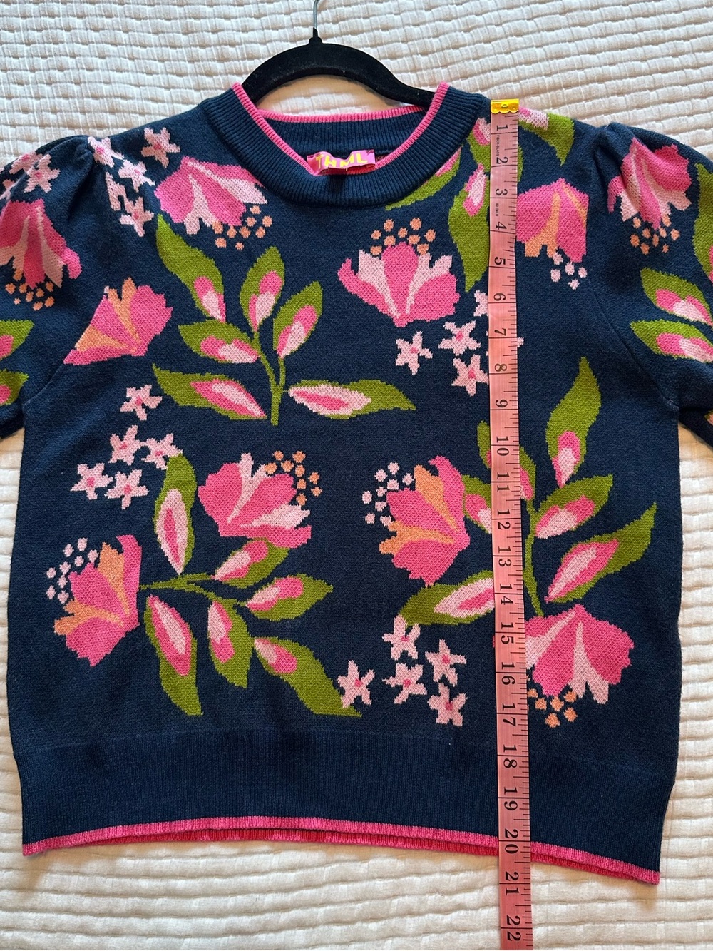 THML Navy Floral Knit Top with Pink Trim, size medium - Picture 3 of 6